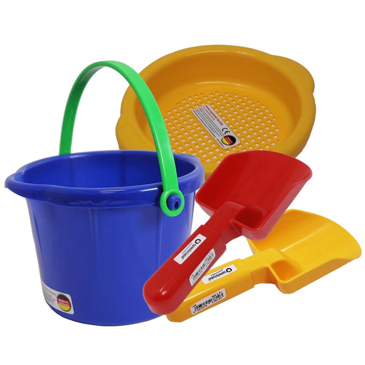 Spielstabil Toddler Sand Toys Bundle - Pail, Sieve and 2 Scoops (Colors Vary)